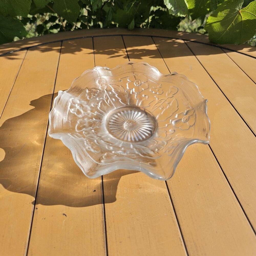 Antique EAPG Bowl: Embossed Floral Pattern, Scalloped Edge
